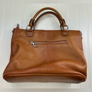 HESHE Purse Tote Tan Brown Genuine Leather Handbag Handles Hobo Silver Pebbled
